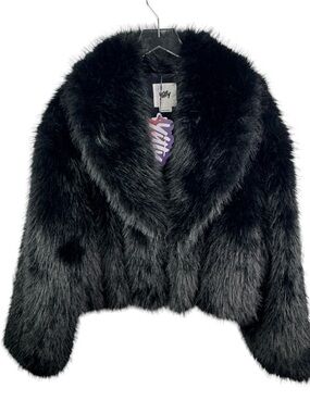 NWT Yitty Cropped Faux Fur Teddy Jacket Black Cozy Plush Coat Plush Soft Sz L